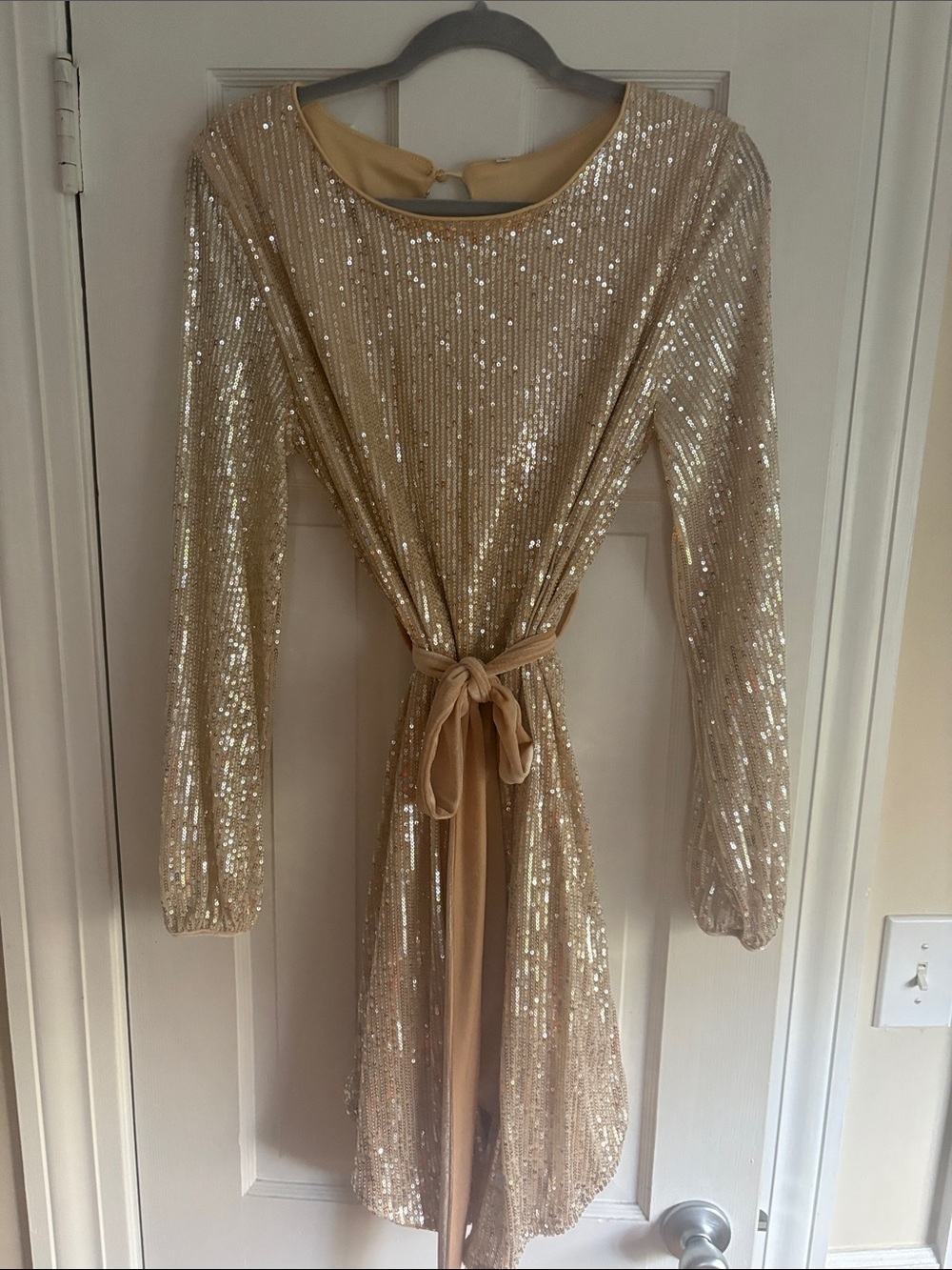 Gold Sequin Long Sleeve Tie Waist Dress